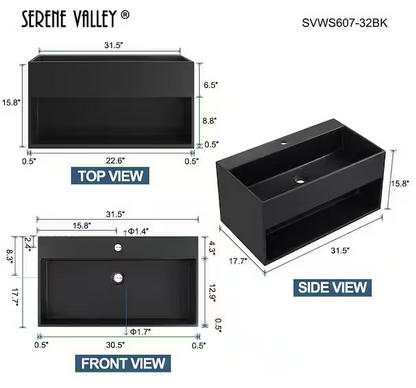 32 in. Wall-Mount Bathroom Solid Surface Vanity with Storage Space in Matte Black