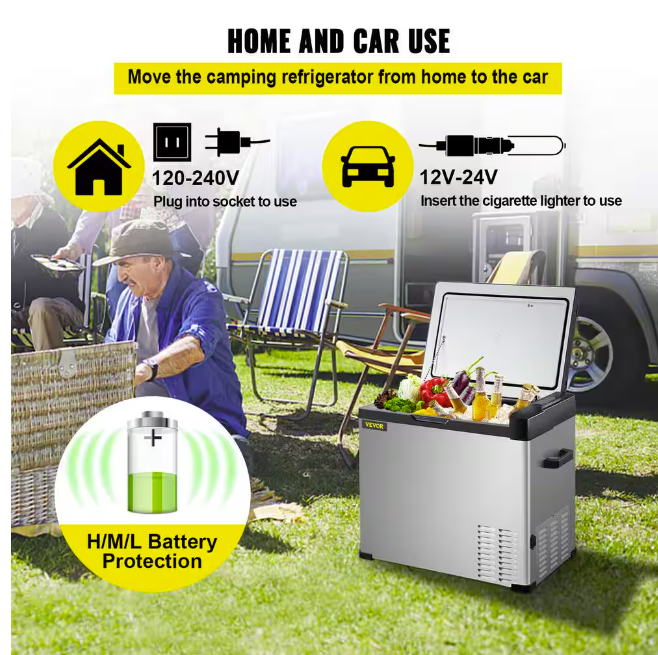 Vevor 1.4 cu. ft. Portable Outdoor Refrigerator Carbon Steel Car Refrigerator 12-Volt in Silver