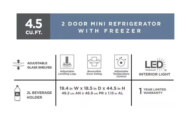 Vissani 4.5 cu. ft. 2-Door Mini Refrigerator in Platinum Steel with Freezer