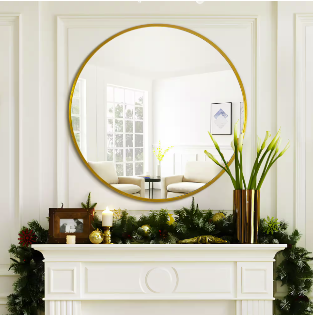 28 in. W x 28 in. H Medium Round Gold Metal Framed Modern Wall Vanity Mirror