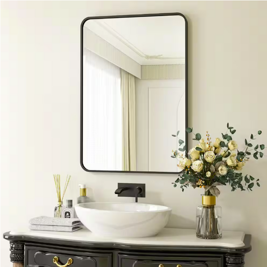 XRAMFY 24 in. W x 36 in. H Rectangular Aluminum Alloy Framed Rounded Black Wall Mirror