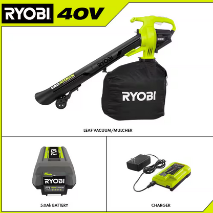 Ryobi 40V Vac Attack Cordless Leaf Vacuum/Mulcher with 5.0 Ah Battery and Charger