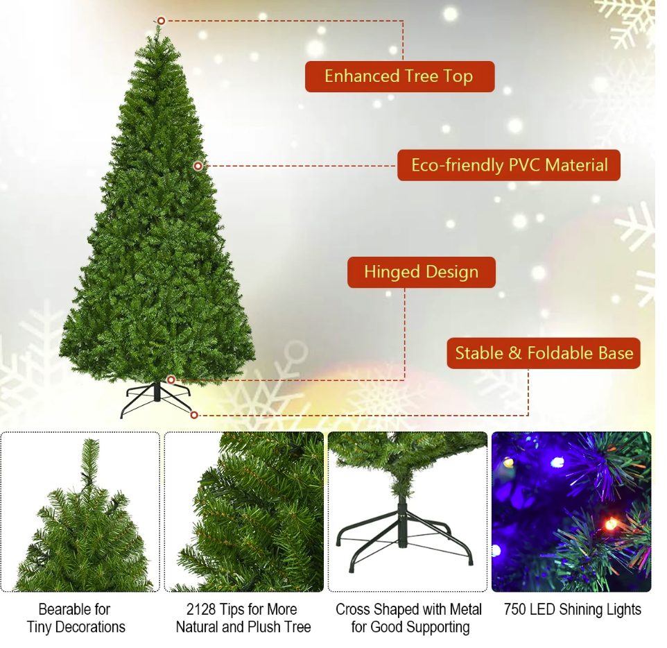 Costway 8Ft Pre-Lit Artificial Christmas Tree Hinged 750 LED Lights