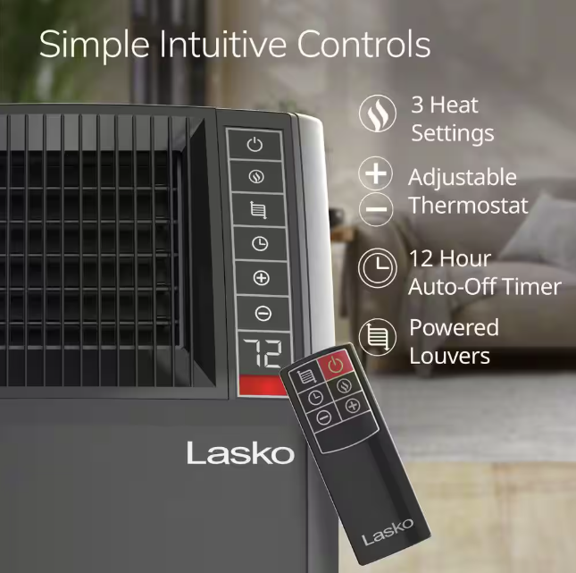 Lasko 1500-Watt 20 in. Black Electric Console Ceramic Space Heater with Tip-Over Switch, Adjustable Louvers, Timer, Remote